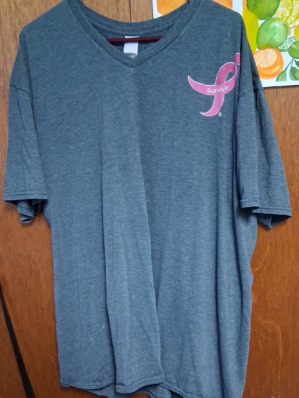 Gray Short Sleeve V-Neck Tee with Pink Survivor Ribbon